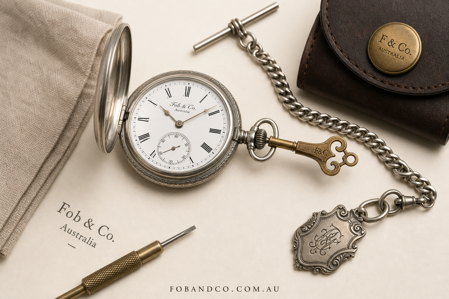Detail close-up or styled flat-lay of a pocket watch with complementary accessories, contextually illustrating 'wind a p