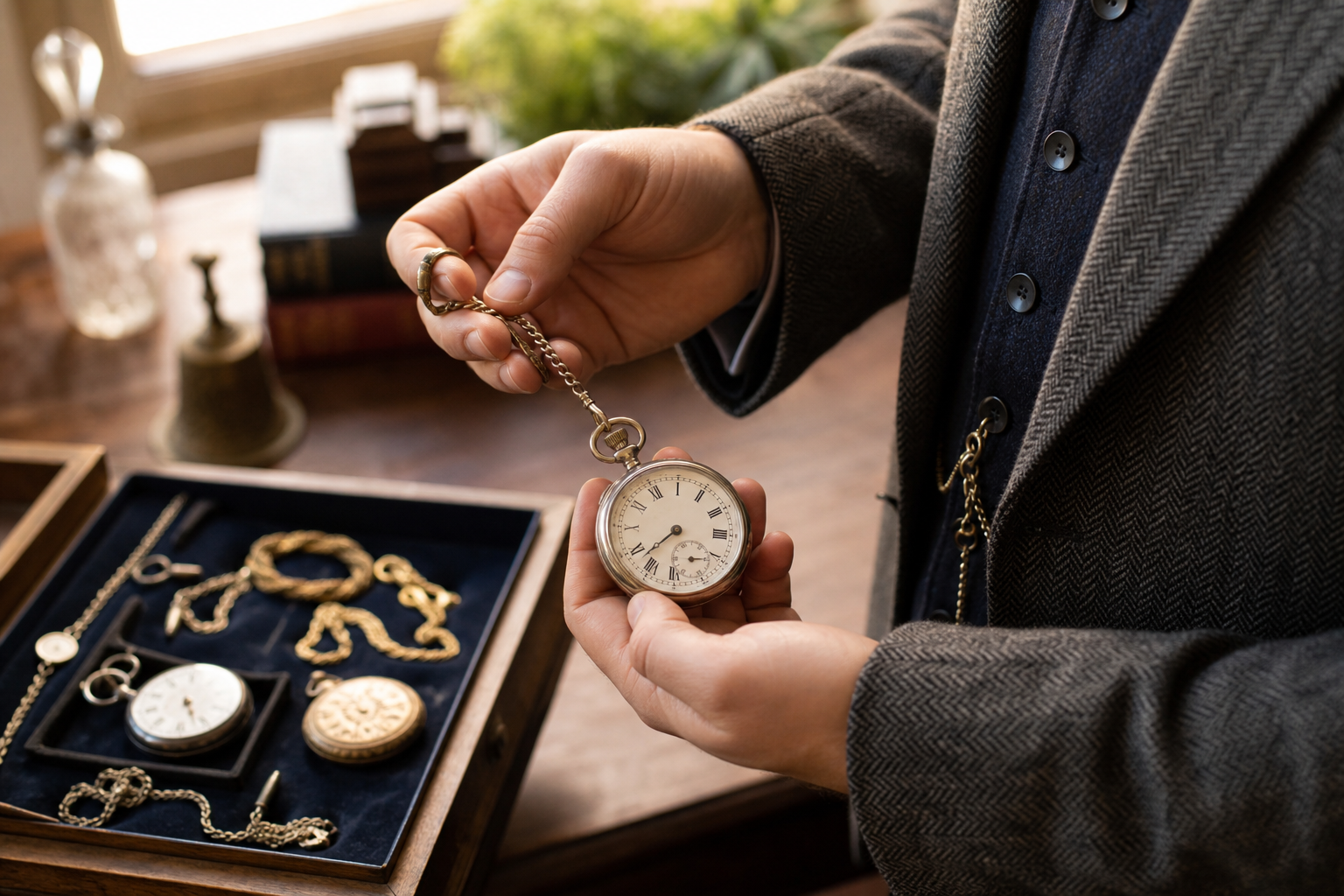 Mid-article supporting image of a person handling or selecting a pocket watch, contextually illustrating 'wear a pocket