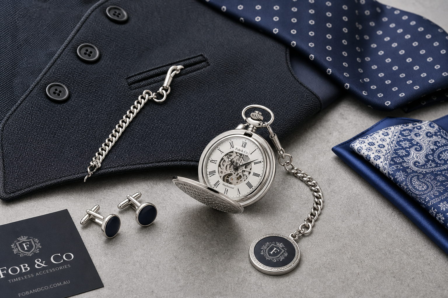 Detail close-up or styled flat-lay of a pocket watch with complementary accessories, contextually illustrating 'wear a p