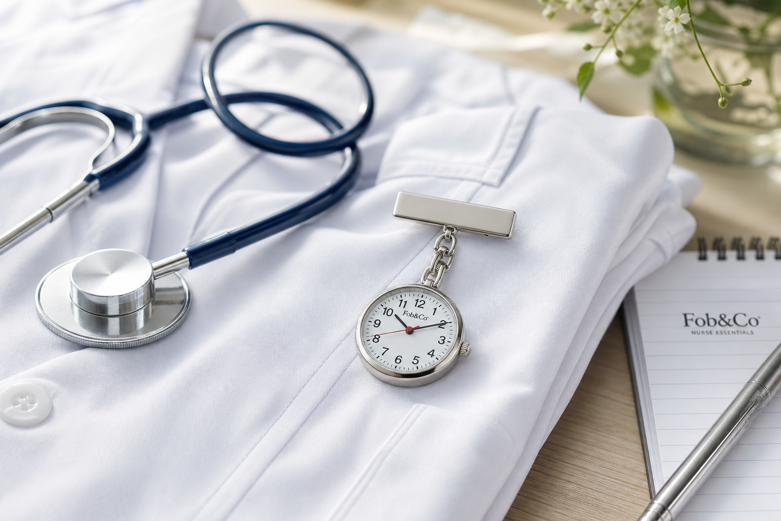 Hero lifestyle shot of a pocket watch, contextually illustrating 'nurses fob watch' for fobandco.com.au. no wristwatch,