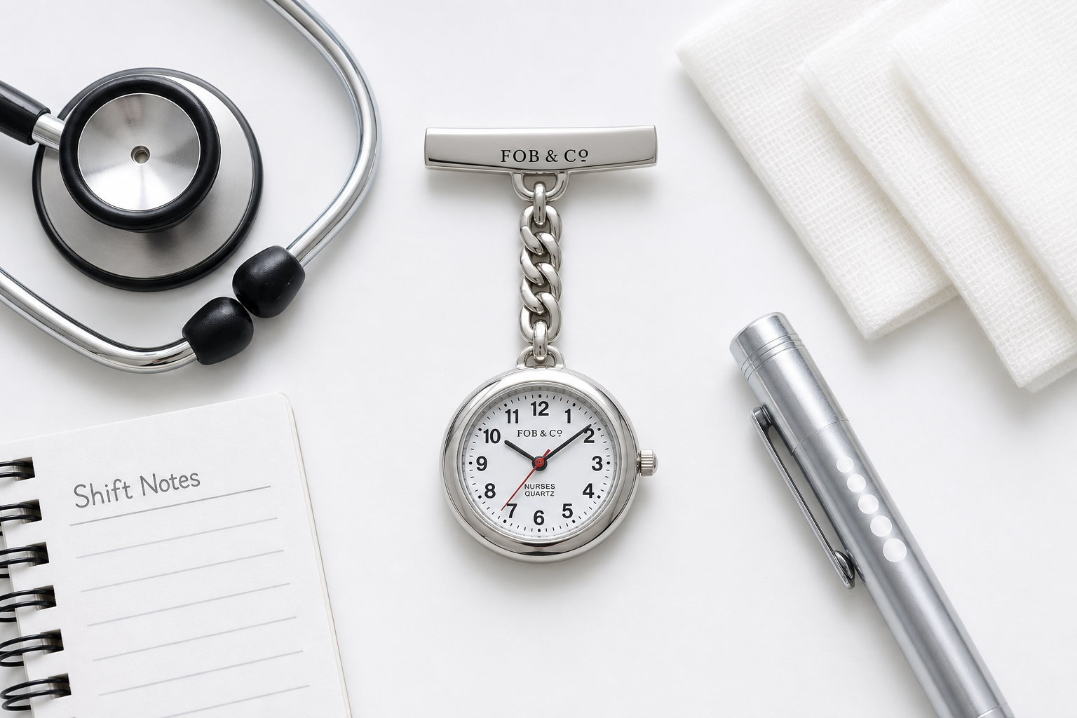 Detail close-up or styled flat-lay of a pocket watch with complementary accessories, contextually illustrating 'nurses f