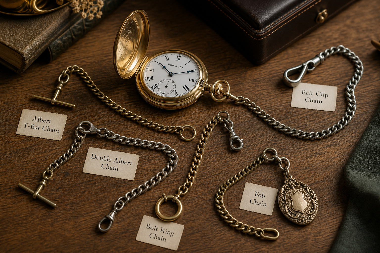 Hero lifestyle shot of a pocket watch, contextually illustrating 'pocket watch chain types' for fobandco.com.au. no wris