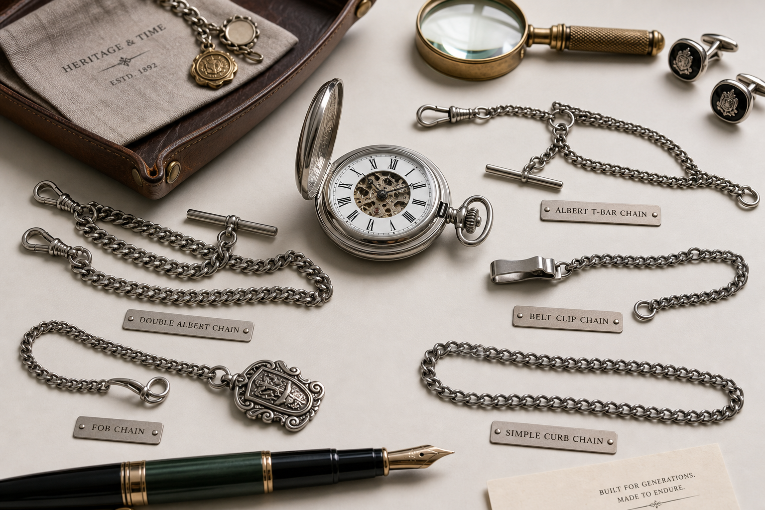 Detail close-up or styled flat-lay of a pocket watch with complementary accessories, contextually illustrating 'pocket w