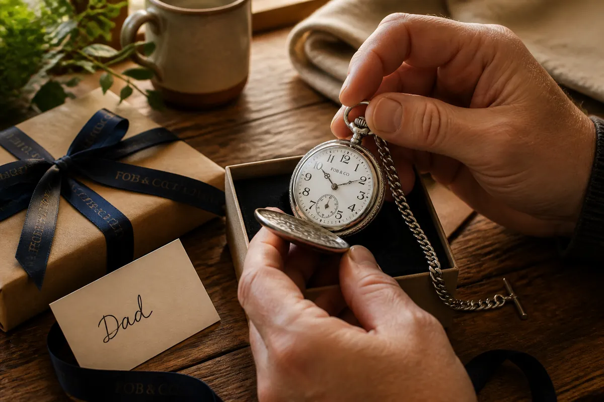 A man holding an open silver pocket watch over a gift box
