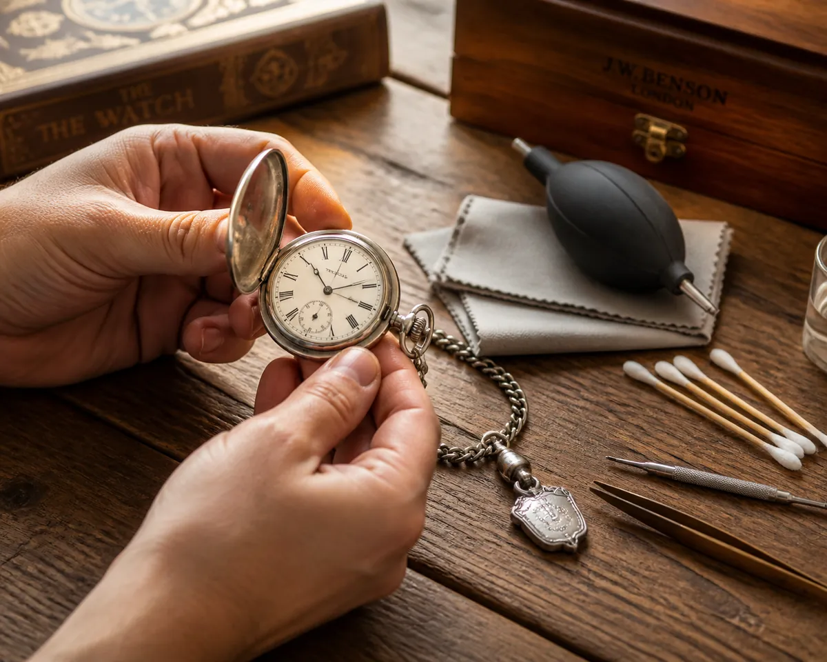 Mid-article supporting image of a person handling or selecting a pocket watch, contextually illustrating 'clean a pocket