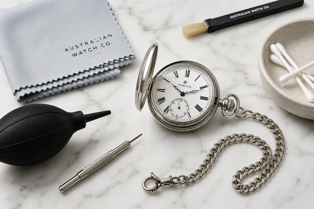Detail close-up or styled flat-lay of a pocket watch with complementary accessories, contextually illustrating 'clean a