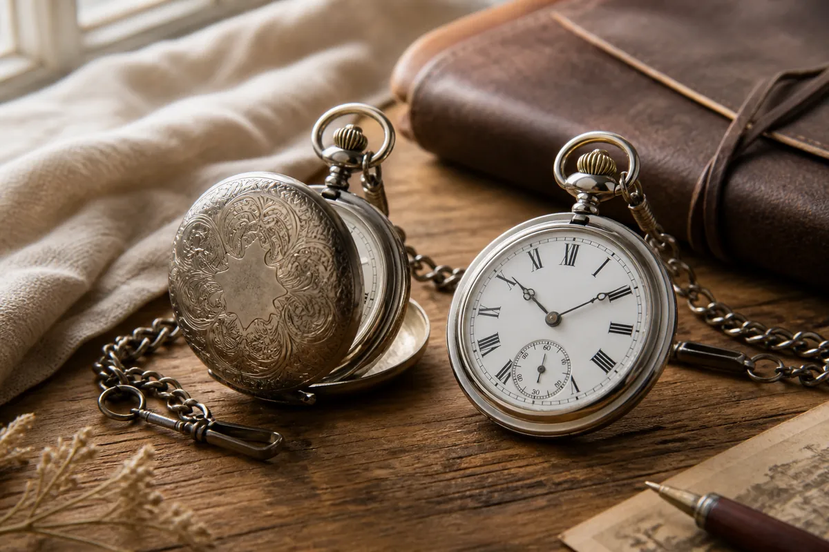 Hero lifestyle shot of a pocket watch, contextually illustrating 'hunter case vs open face' for fobandco.com.au. no wris