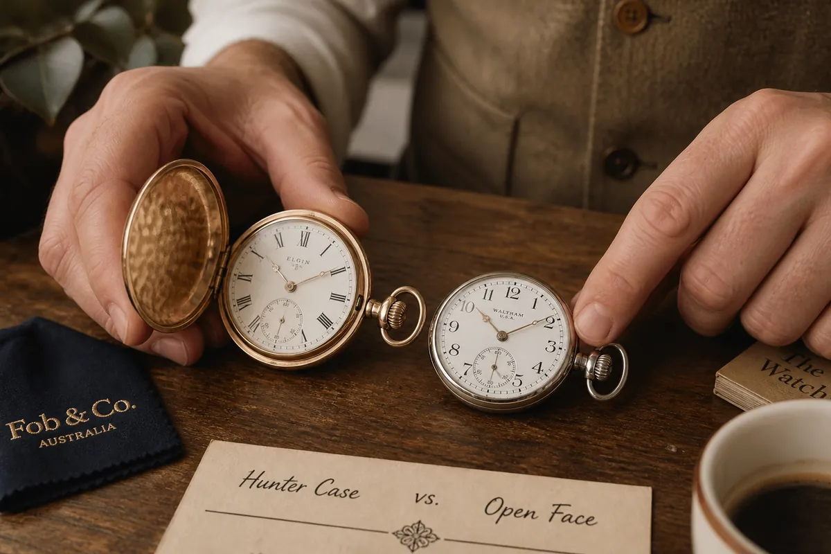 Mid-article supporting image of a person handling or selecting a pocket watch, contextually illustrating 'hunter case vs