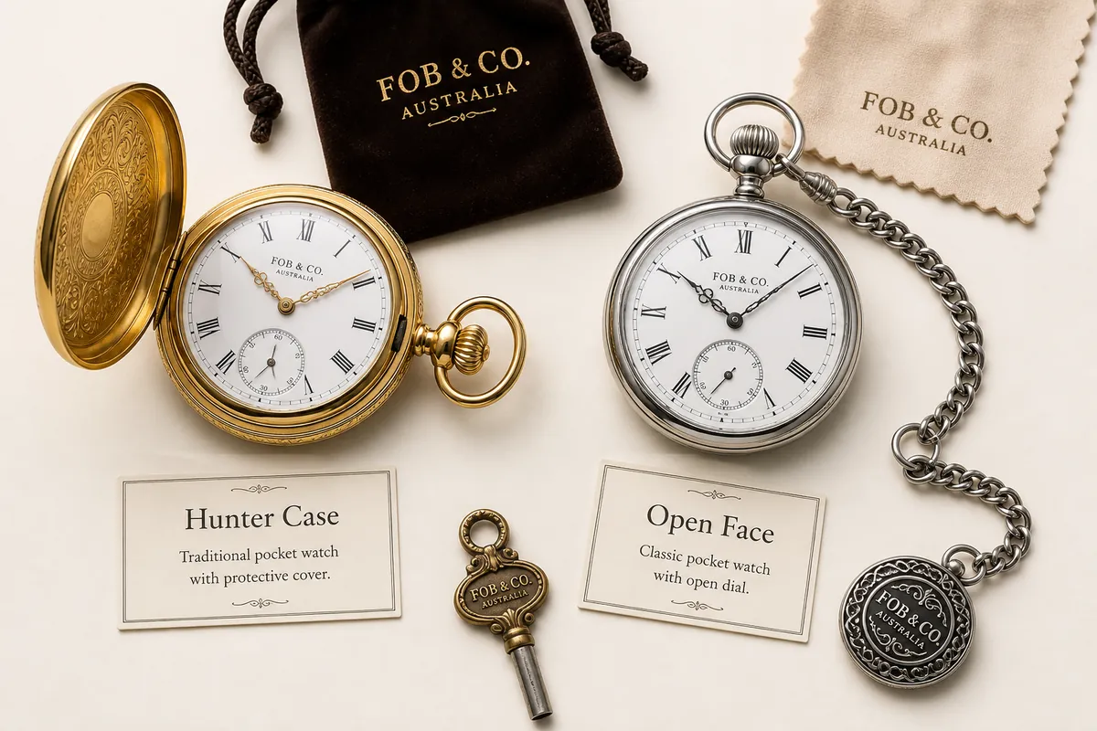 Detail close-up or styled flat-lay of a pocket watch with complementary accessories, contextually illustrating 'hunter c