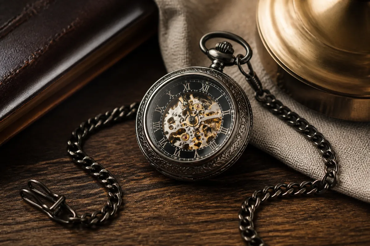Hero lifestyle shot of a pocket watch, contextually illustrating 'skeleton pocket watch' for fobandco.com.au. no wristwa