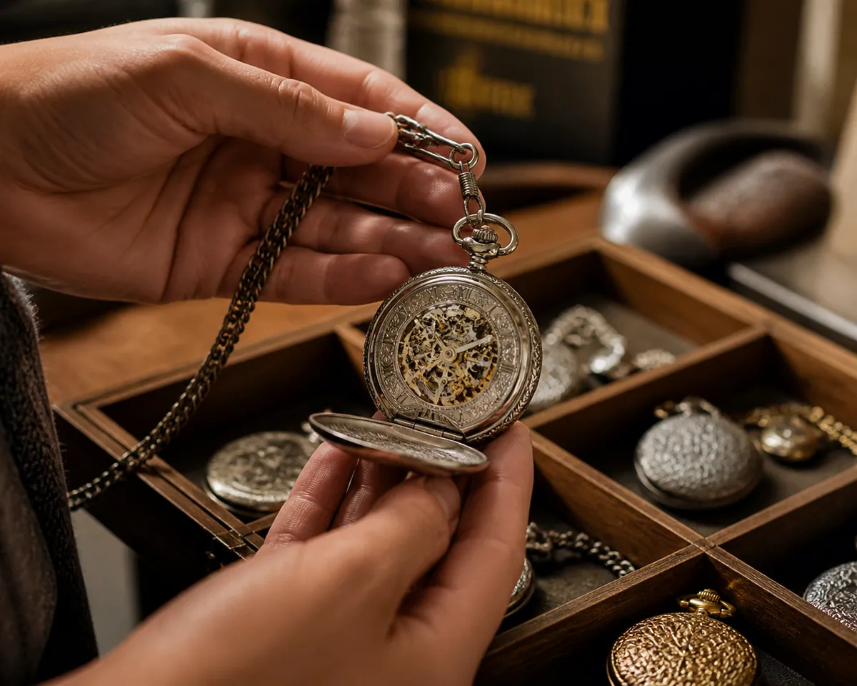 Mid-article supporting image of a person handling or selecting a pocket watch, contextually illustrating 'skeleton pocke
