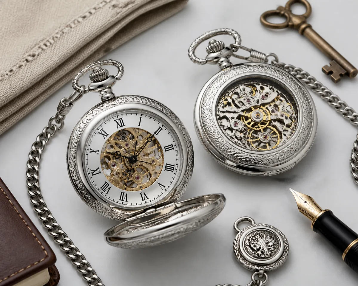 Detail close-up or styled flat-lay of a pocket watch with complementary accessories, contextually illustrating 'skeleton